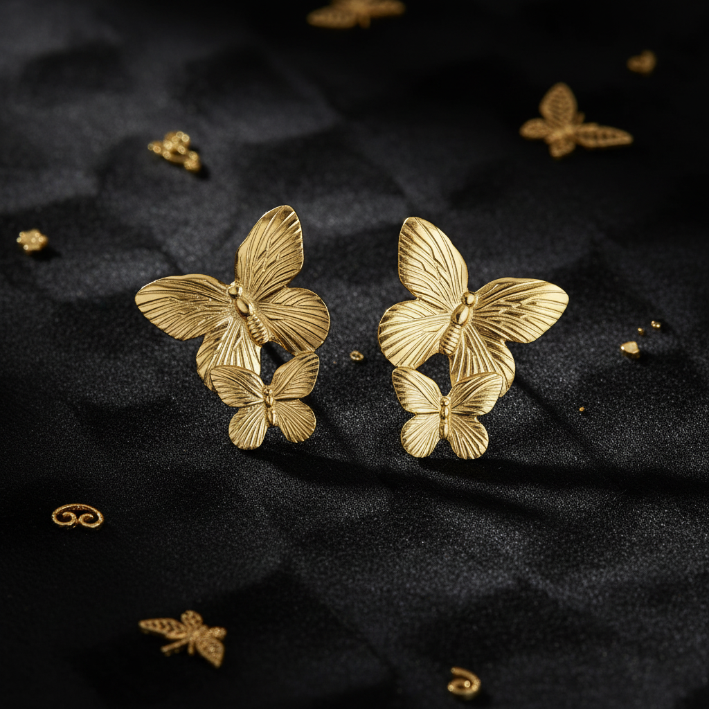 Schmetterling Ohrringe Edelstahl Gold auf dunklem Luxus-Hintergrund