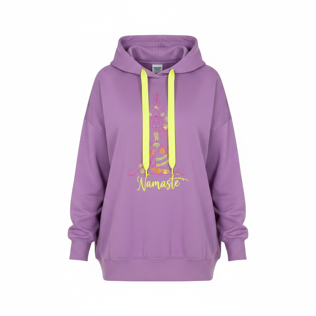 Lila Boho-Luxe Damen-Hoodie mit gelbem Yoga-Print und weichem Baumwollstoff.