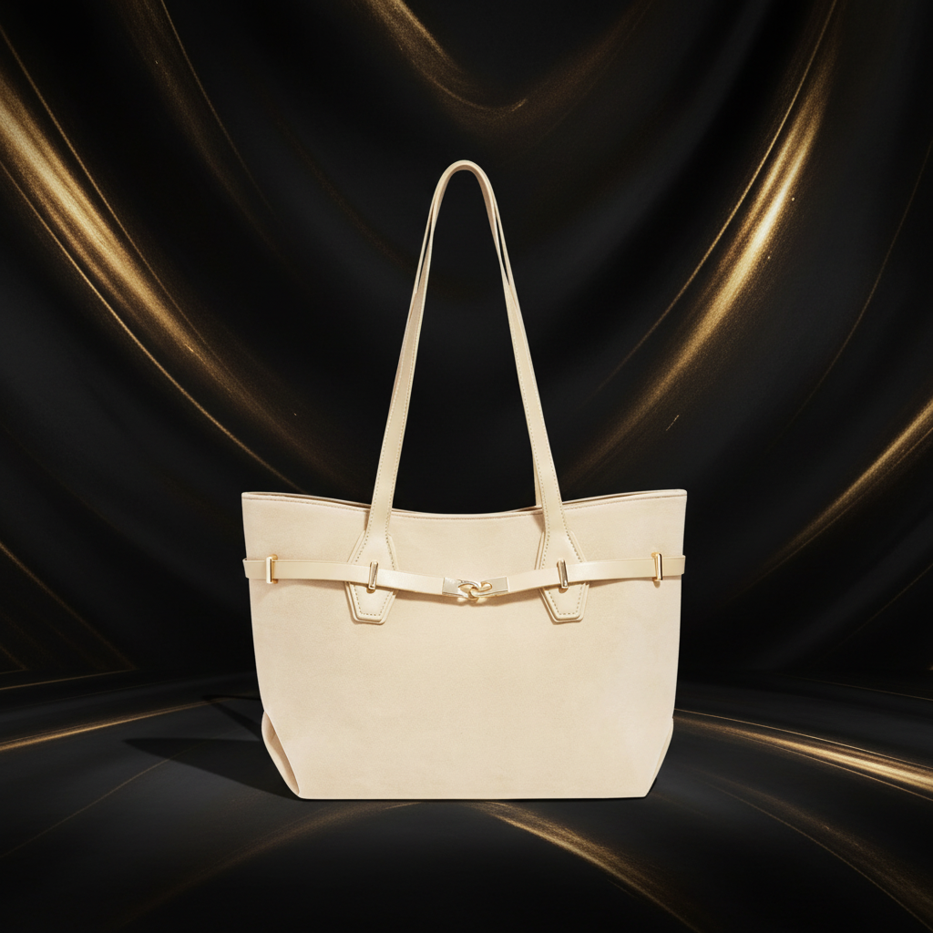 Wildleder Tote Bag auf dunklem Luxus-Hintergrund