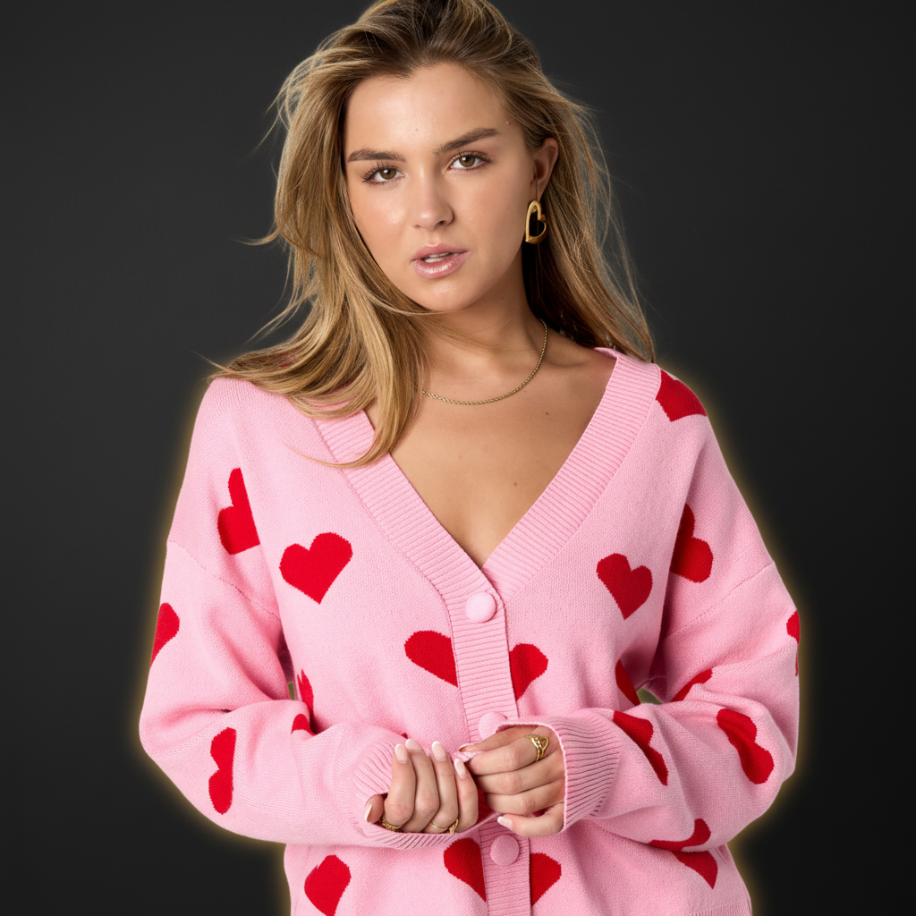 Damen Viskose Cardigan Herzmuster Cute - Dark Luxe Style