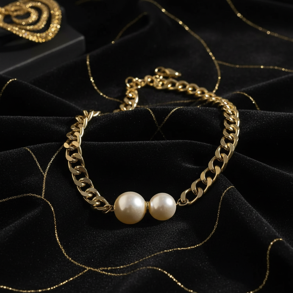 18K vergoldete Perlenkette auf schwarzem Samt