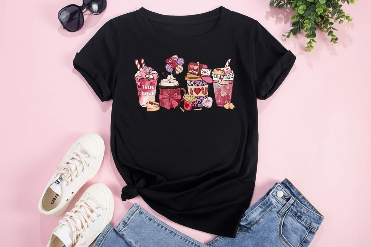 Oversized T-Shirt Coffee Cup Print auf Pastel Pink Hintergrund