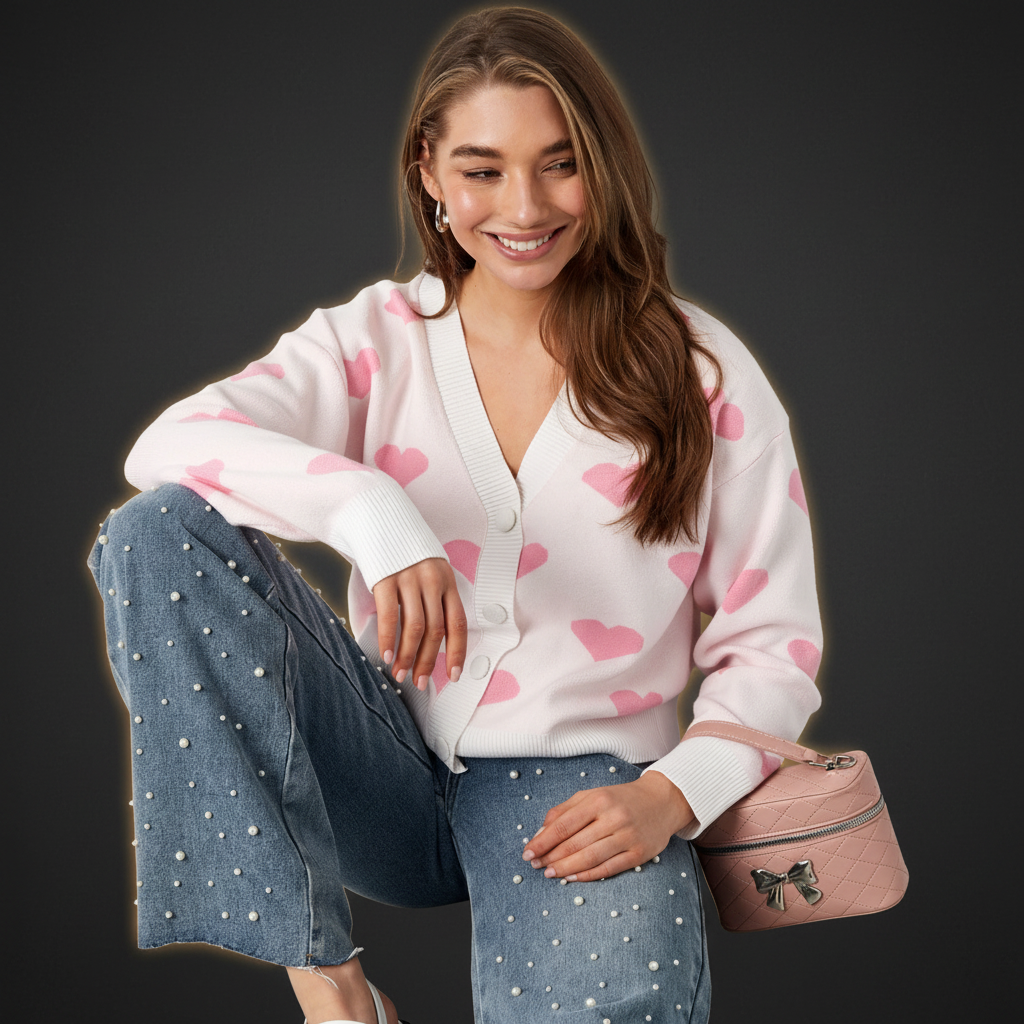 Damen Viskose Cardigan Herzmuster Cute - Dark Luxe Style