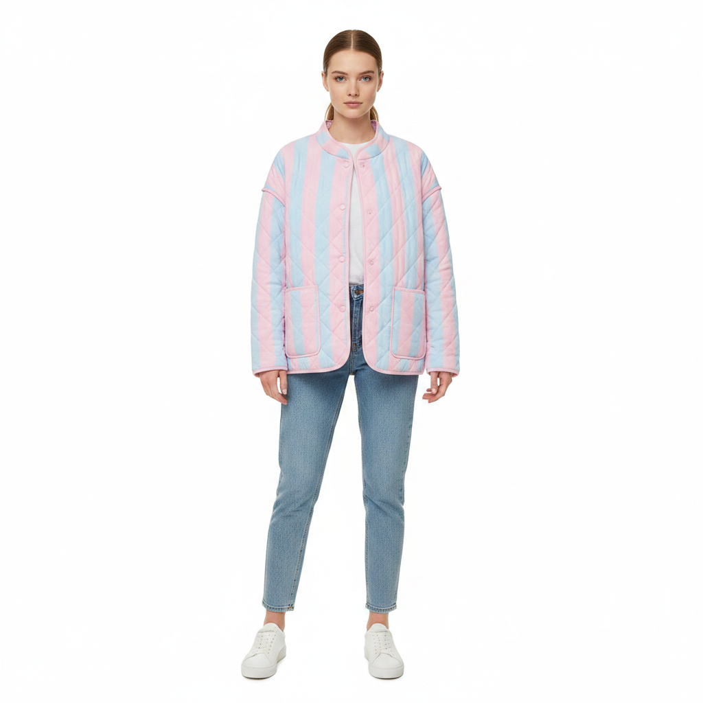 Boho-Luxe gesteppte Damenjacke mit rosa und blauen Streifen aus weichem Stoff.