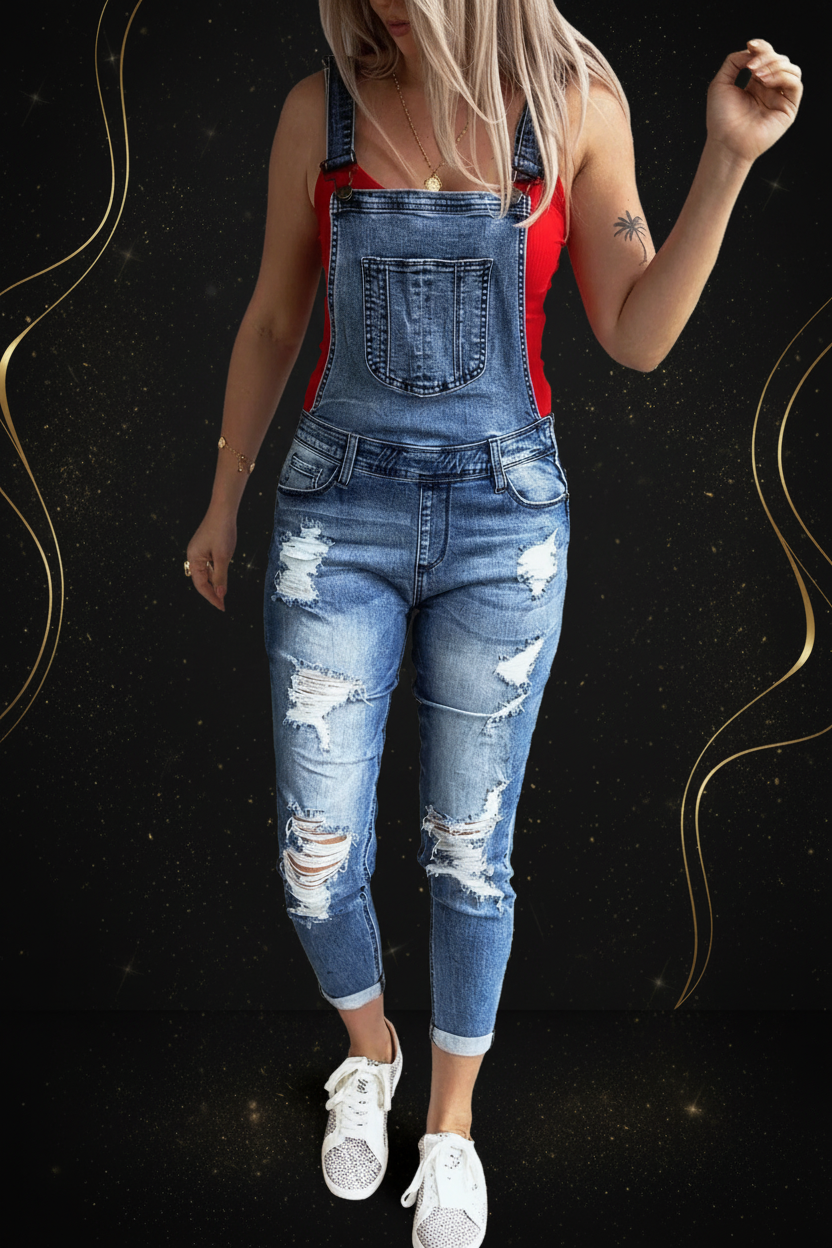 Damen Jeans Latzhose Distressed - Detailansicht