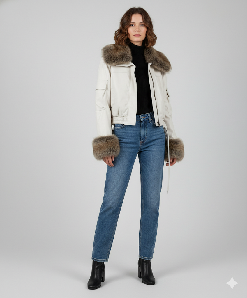 Damen Cropped Jacke mit Fell – Cremeweiß & Elegant für Herbst & Winter