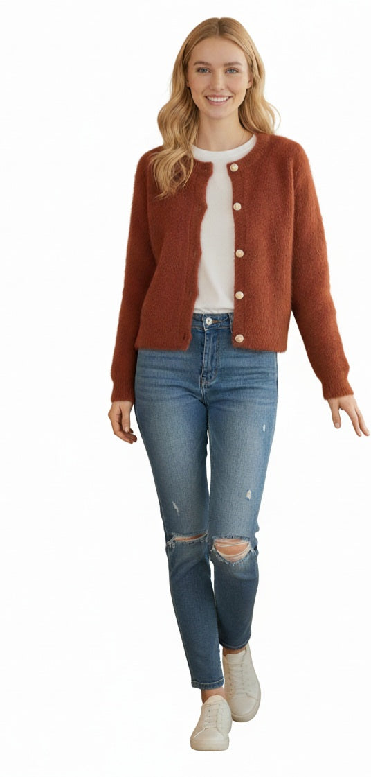 Damen Strickjacke Rostrot – Cropped Rundhals-Cardigan mit Knöpfen