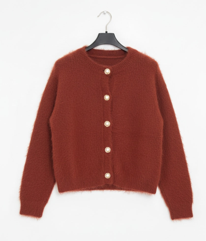 Damen Strickjacke Rostrot – Cropped Rundhals-Cardigan mit Knöpfen