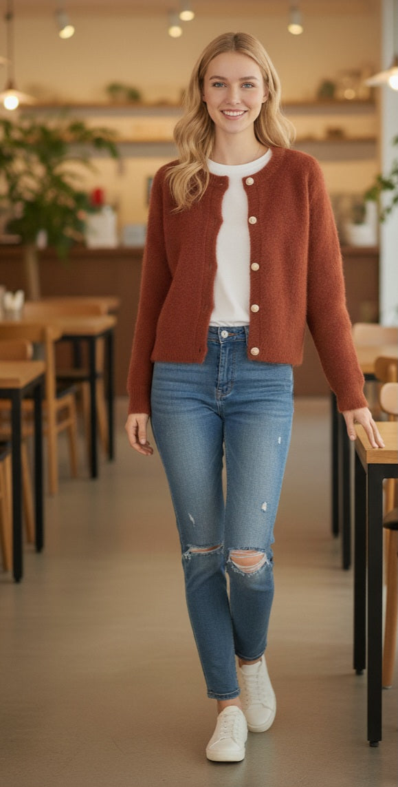 Damen Strickjacke Rostrot – Cropped Rundhals-Cardigan mit Knöpfen