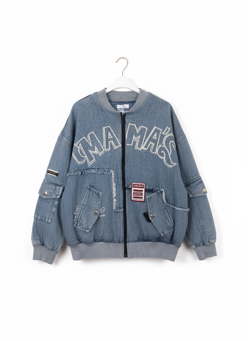 Damen Jeansjacke mit Schriftzug & Nieten – Oversize in Hellblau & Weiß