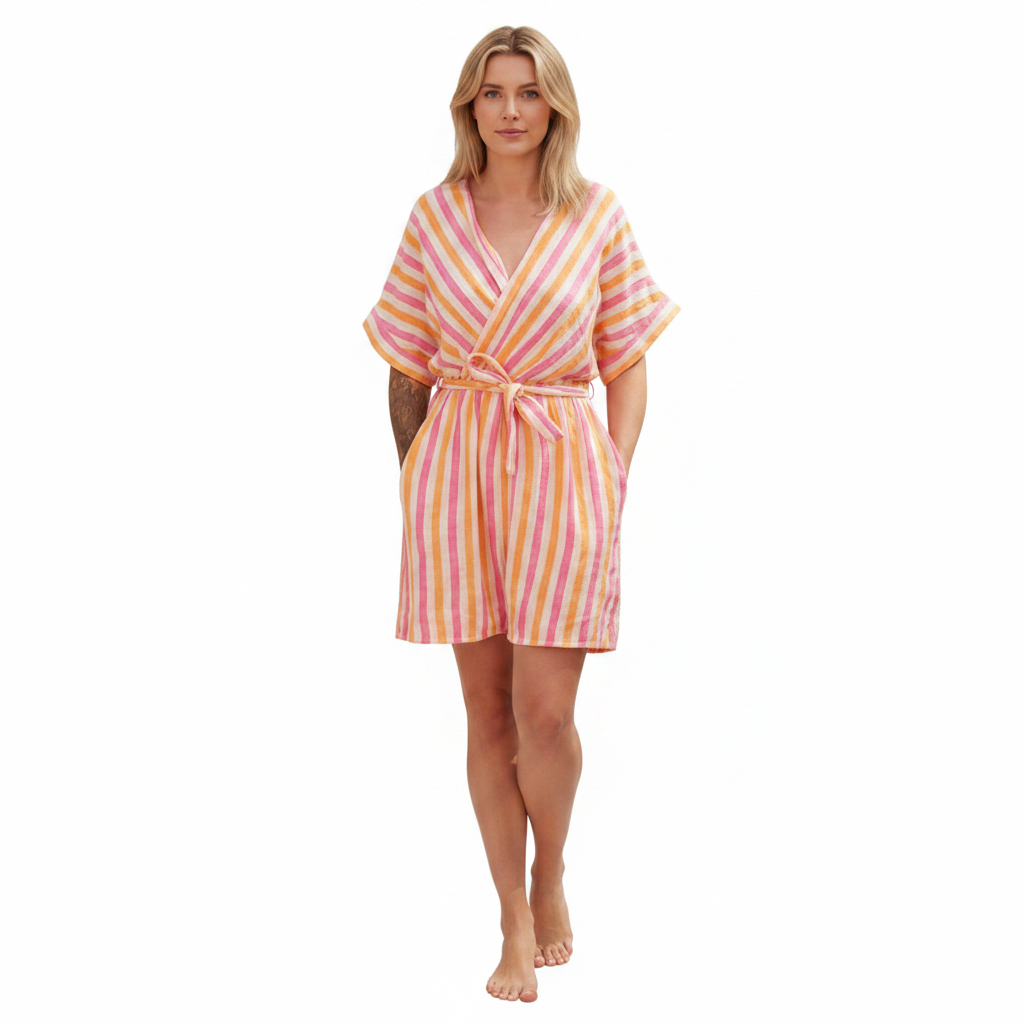 Boho-Luxe Damen-Bademantel aus Leinen mit rosa-gelben Längsstreifen.
