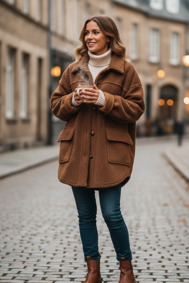 Damen Teddy-Jacke Kaffeebraun – Warm & Gemütlich für Herbst & Winter