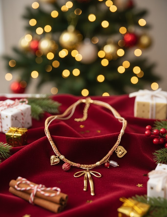 Damen Halskette Edelstahl – Herz & Schleife mit Perlen in Gold & Rot