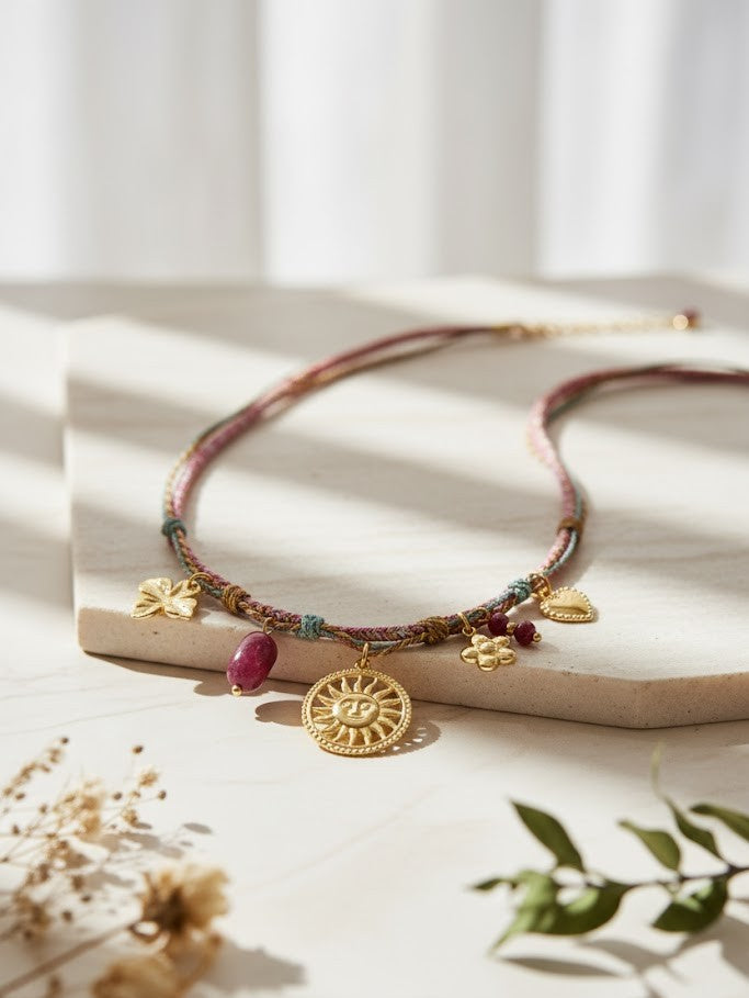 Damen Halskette Edelstahl – Blumen-Anhänger in Braun & Gold