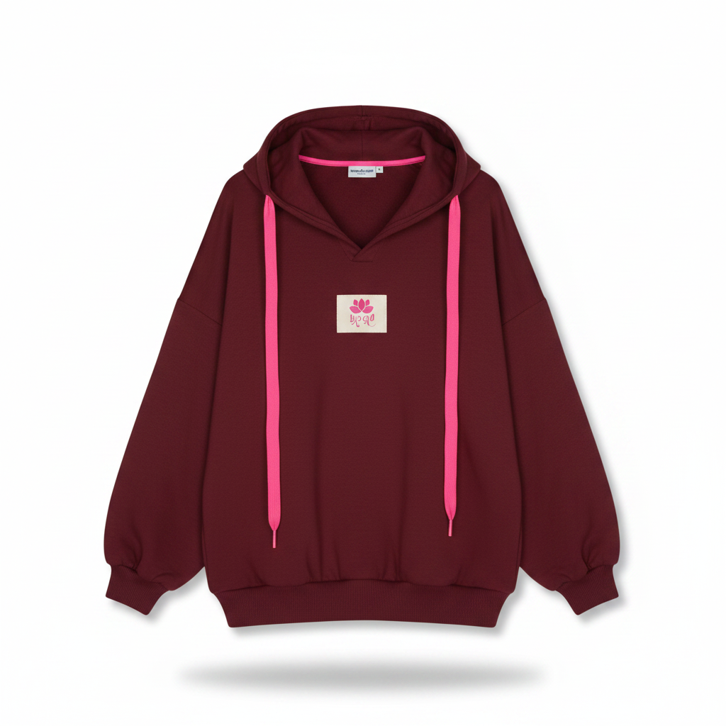 Bordeauxfarbener Yoga-Hoodie mit Kapuze, pinken Kordeln und Yoga-Lotus-Label freigestellt auf weißem Hintergrund