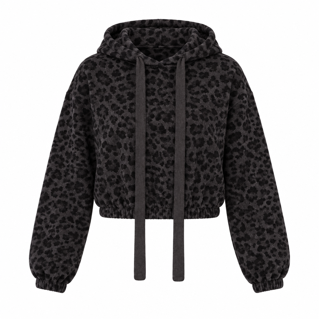 Cropped Leo-Hoodie für Damen in Anthrazit/Schwarz mit Kapuze, breiten Bindebändern und gerafftem Saum, freigestellt auf Weiß.