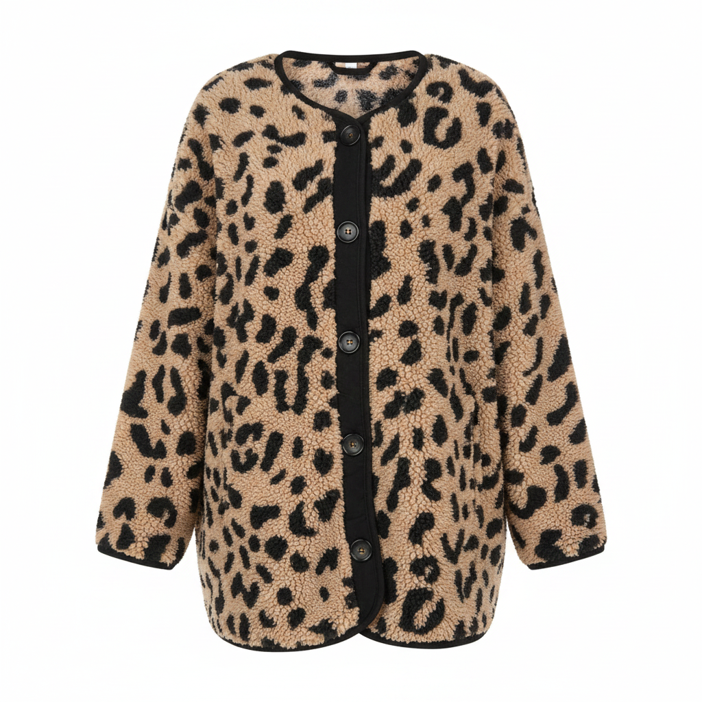 Boho-Luxe Damenjacke mit Leopardenmuster aus weichem Teddy-Fleece in Beige und Schwarz.
