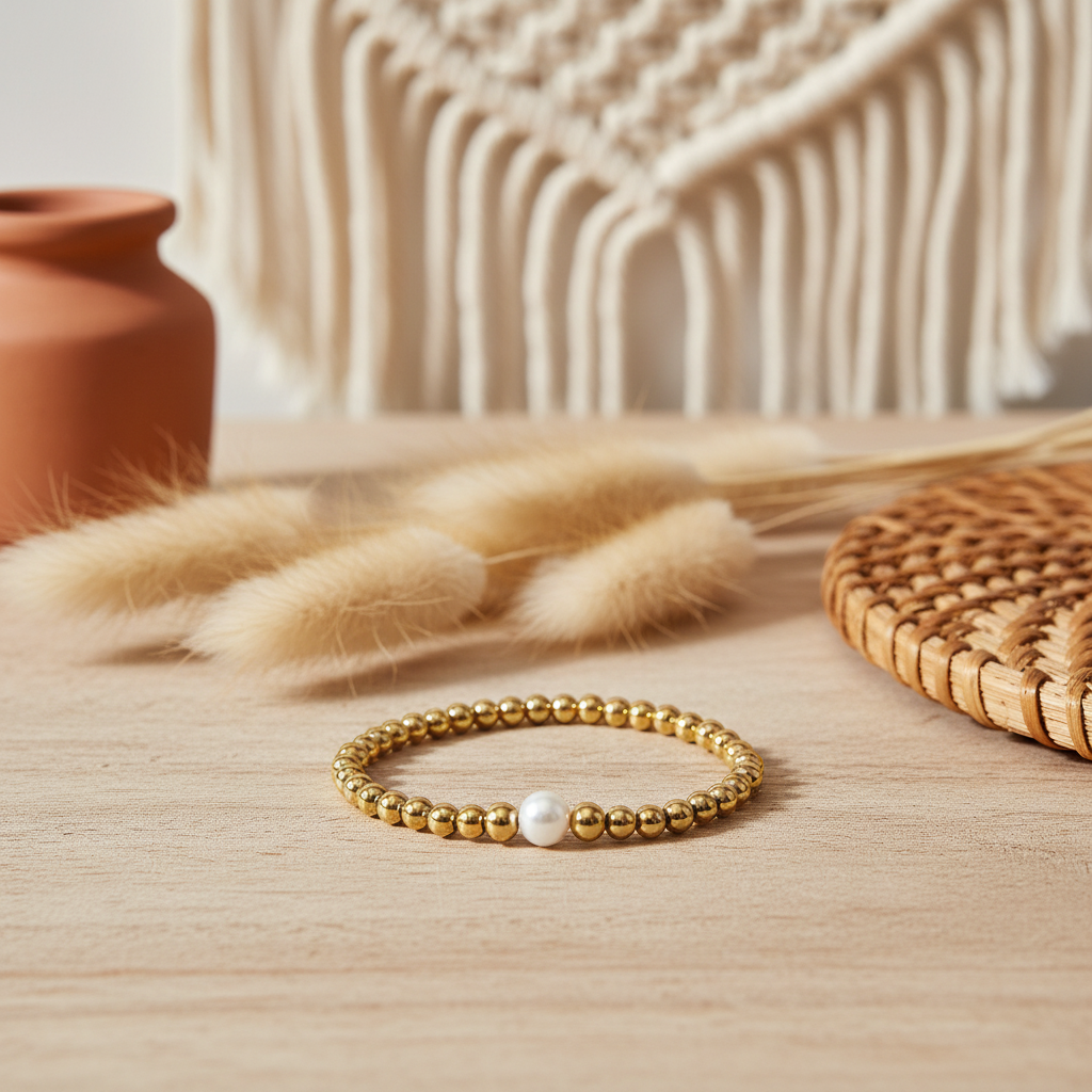 Liegendes Perlenarmband mit Boho-Hintergrund