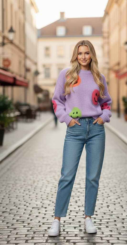 Smiley Knit Sweater – Damen Pullover mit Smiley-Motiv