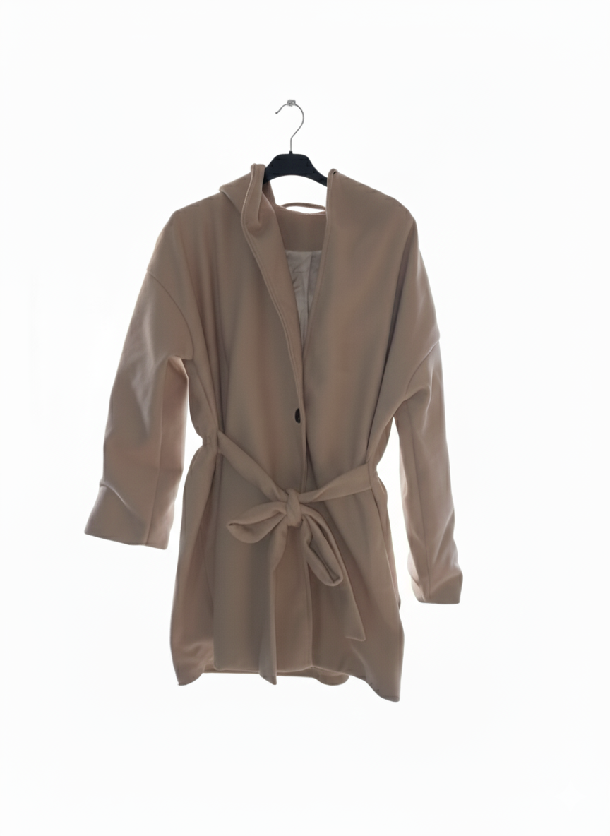 Damen Kurzmantel Cremeweiß – Elegant mit Bindgürtel & Kapuze