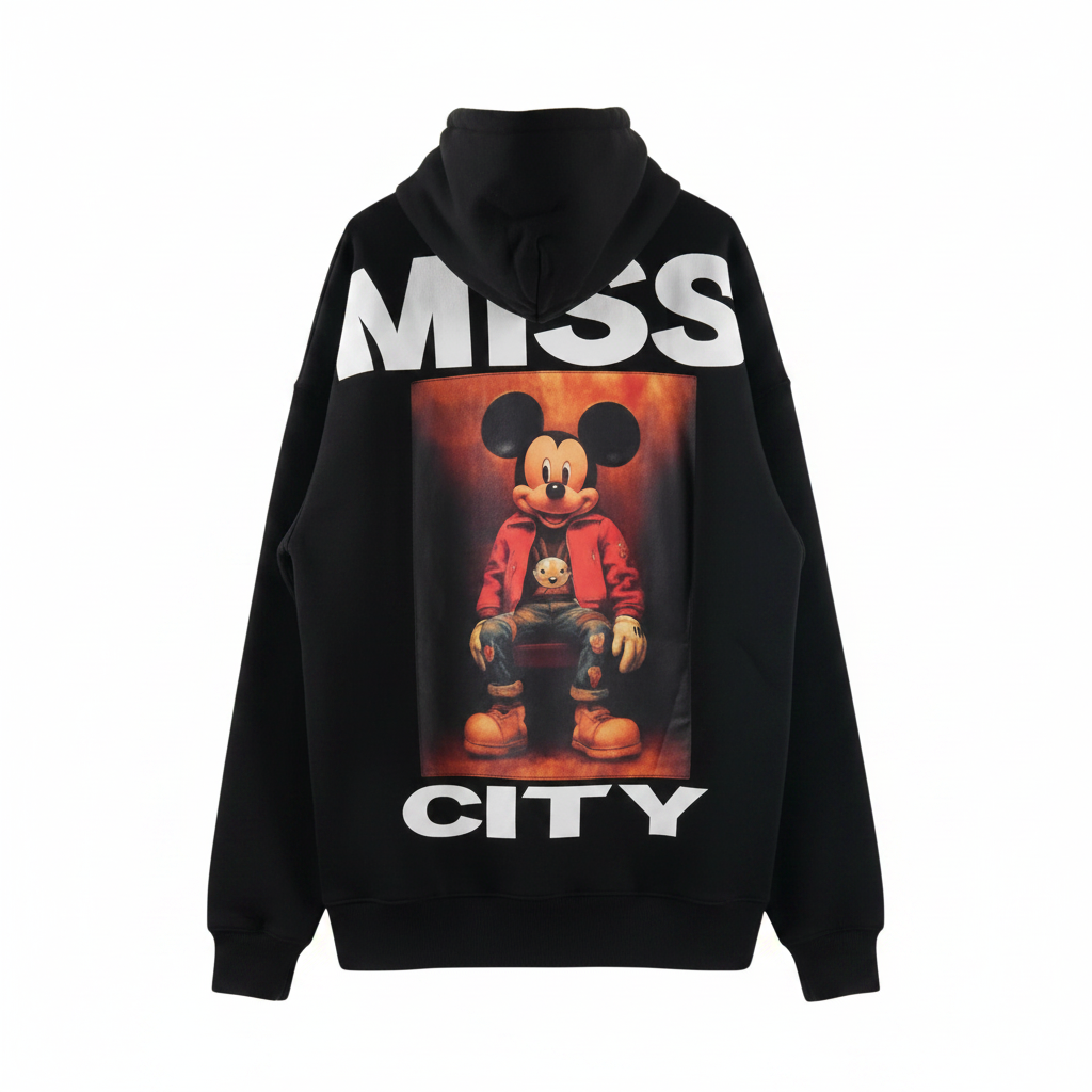 Schwarzer Boho-Luxe Hoodie mit Mickey-Print in Rot und Denim-Optik.