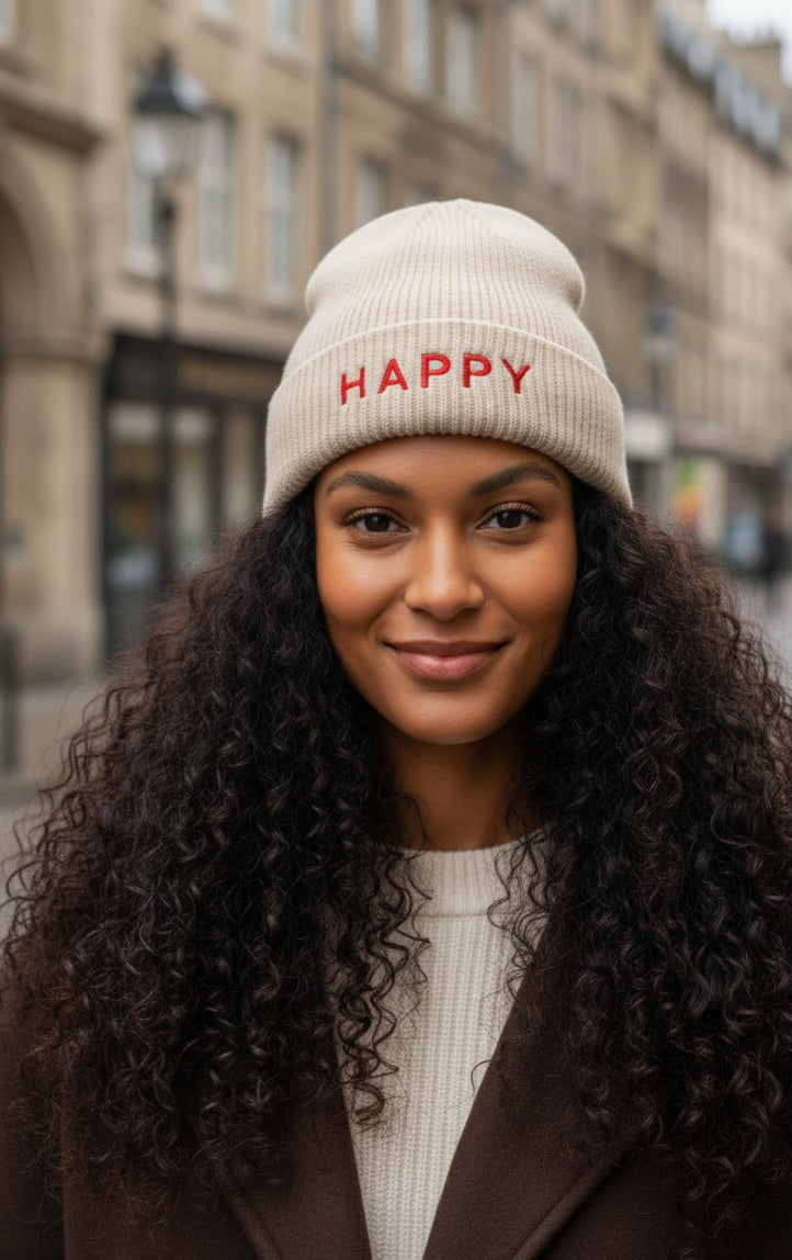 Damenmütze HAPPY - Grau Beige Herbst Winter Mütze mit Schriftzug