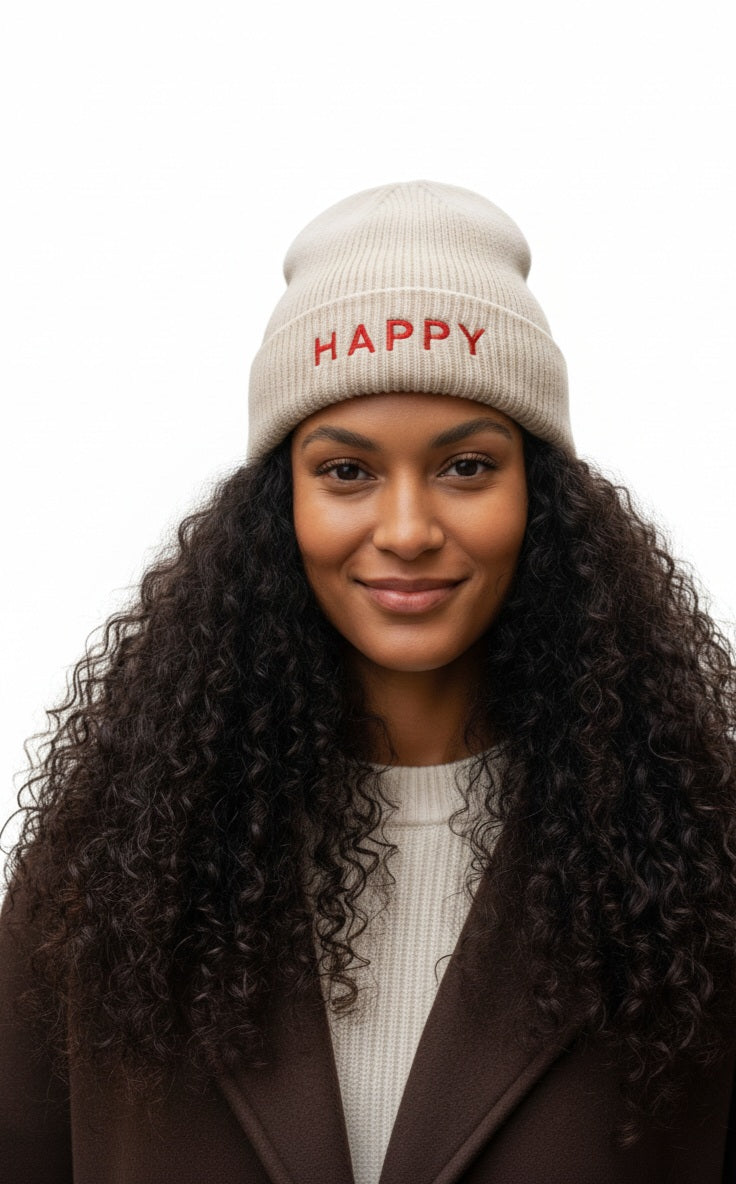 Damenmütze HAPPY - Grau Beige Herbst Winter Mütze mit Schriftzug