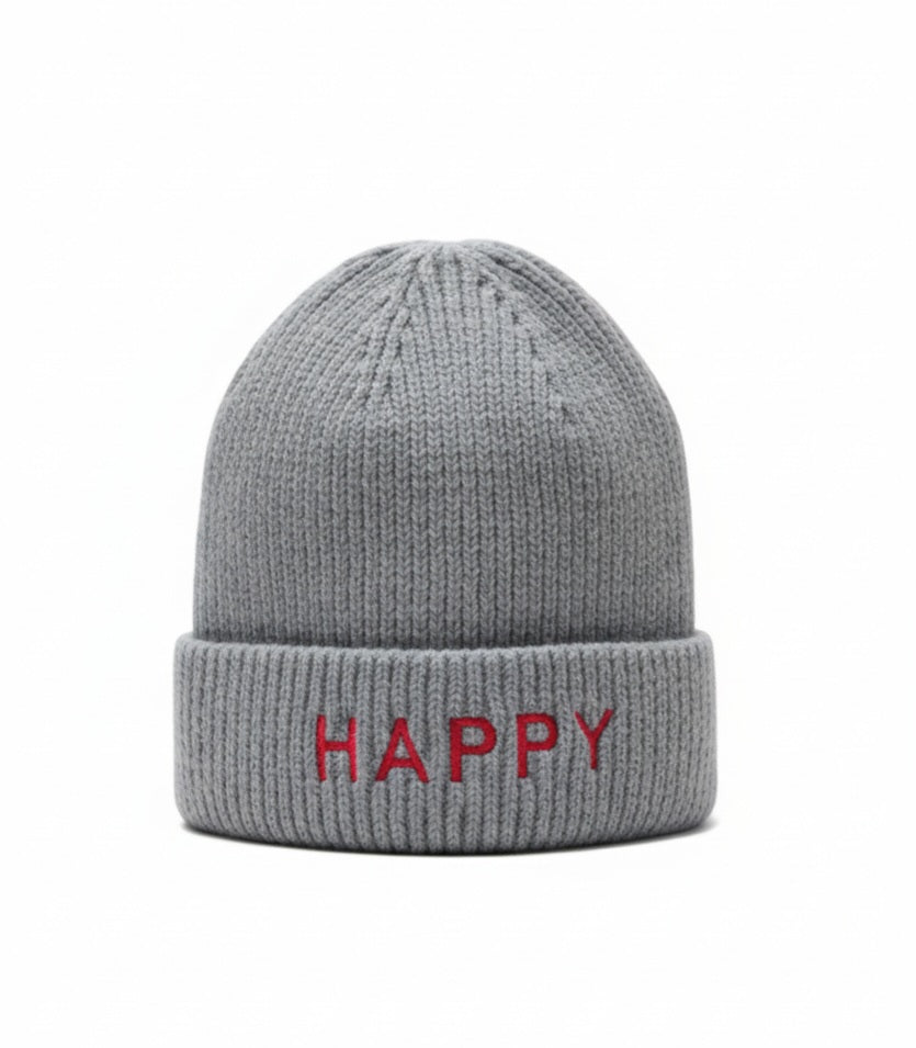 Damenmütze HAPPY - Grau Beige Herbst Winter Mütze mit Schriftzug
