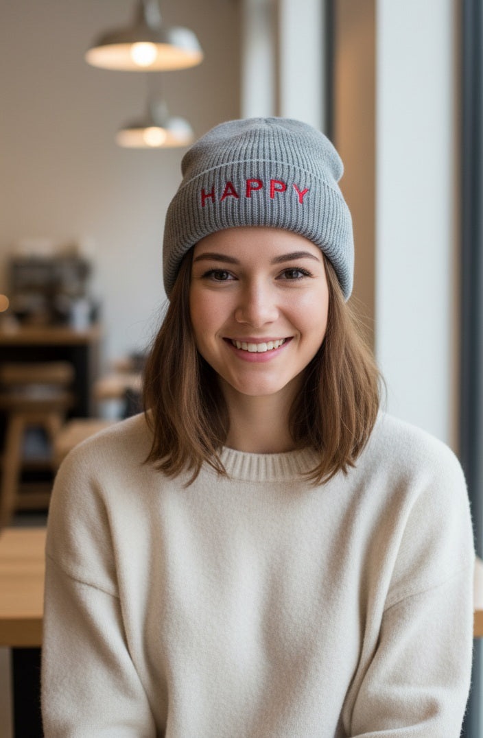 Damenmütze HAPPY - Grau Beige Herbst Winter Mütze mit Schriftzug
