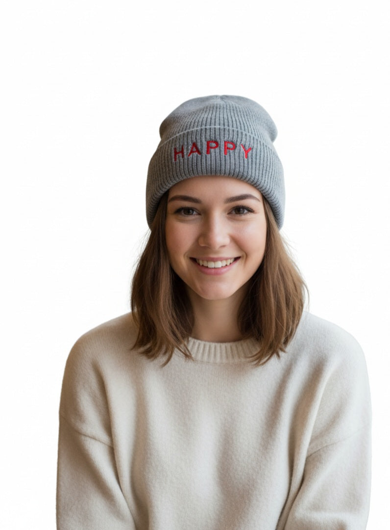 Damenmütze HAPPY - Grau Beige Herbst Winter Mütze mit Schriftzug