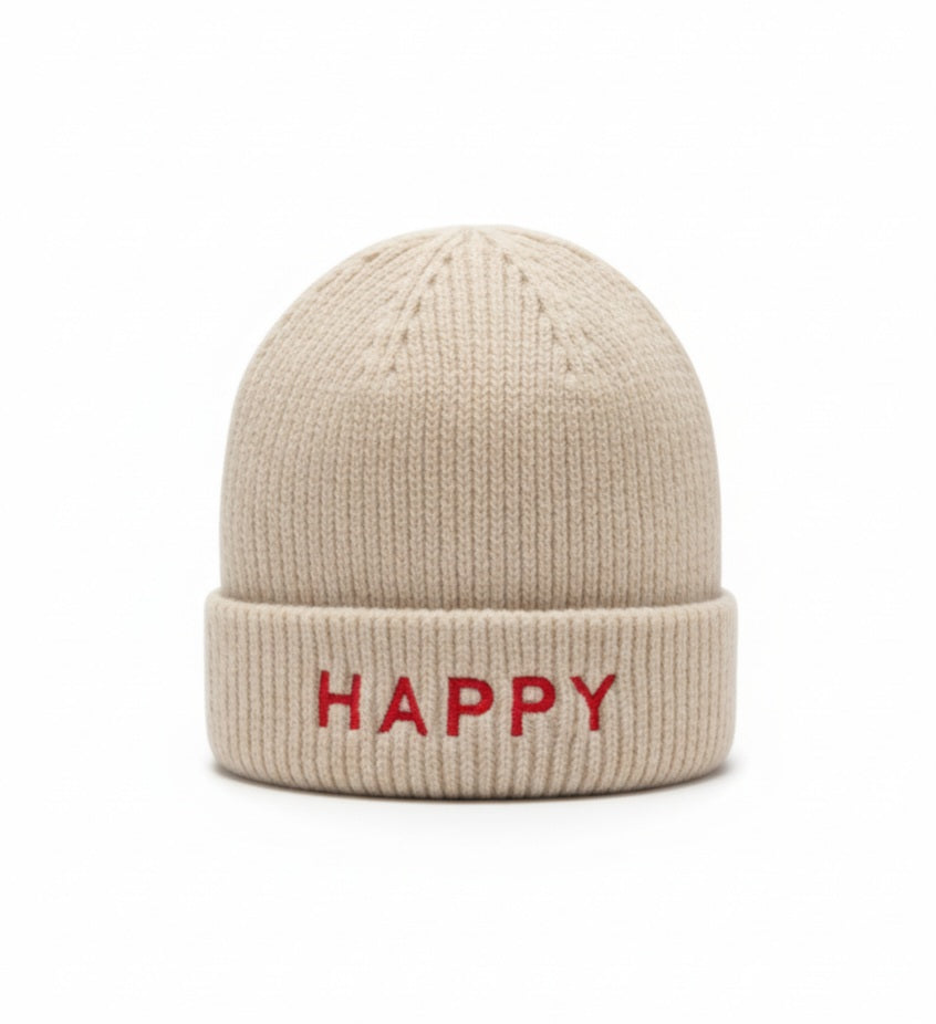 Damenmütze HAPPY - Grau Beige Herbst Winter Mütze mit Schriftzug