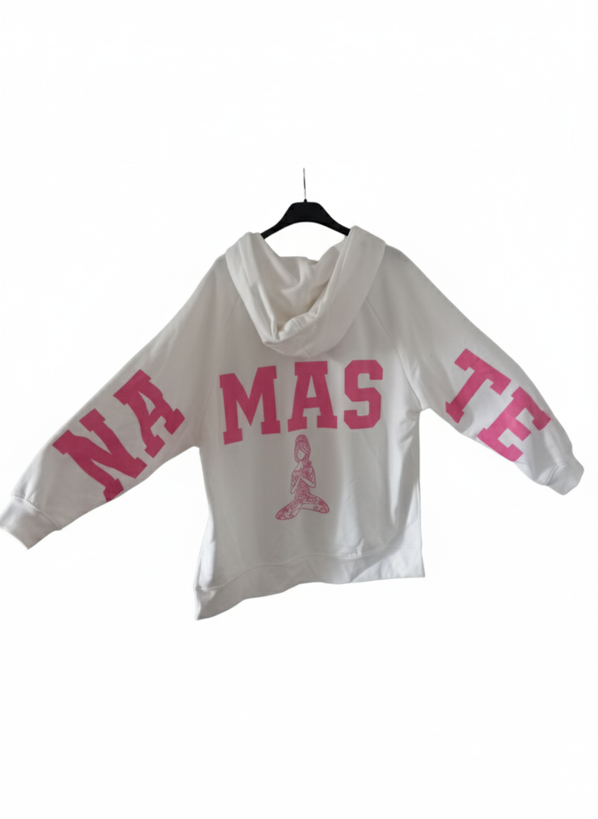 Damen Namaste Pullover – Modern mit Kängurutasche in Pink & Weiß