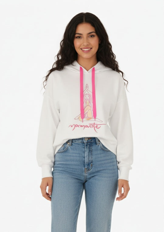 Women's, sweater, winter, autumn, cozy, warm, hoodie, eye-catching, Namaste, yoga, pink, white