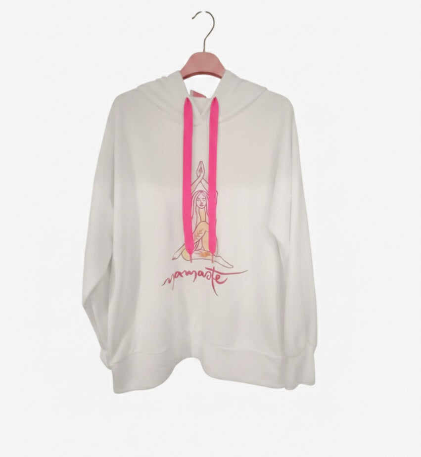 Damen Namaste Hoodie – Gemütlicher Yoga Pullover in Pink & Weiß