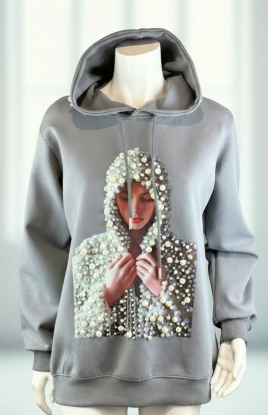 Damen Perlen-Hoodie Grau – Schick & Gemütlich für Herbst & Winter