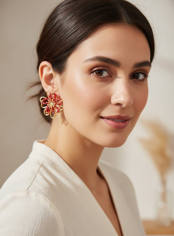 Damen Ohrstecker Edelstahl – Blüten mit Strass in Rot & Gold