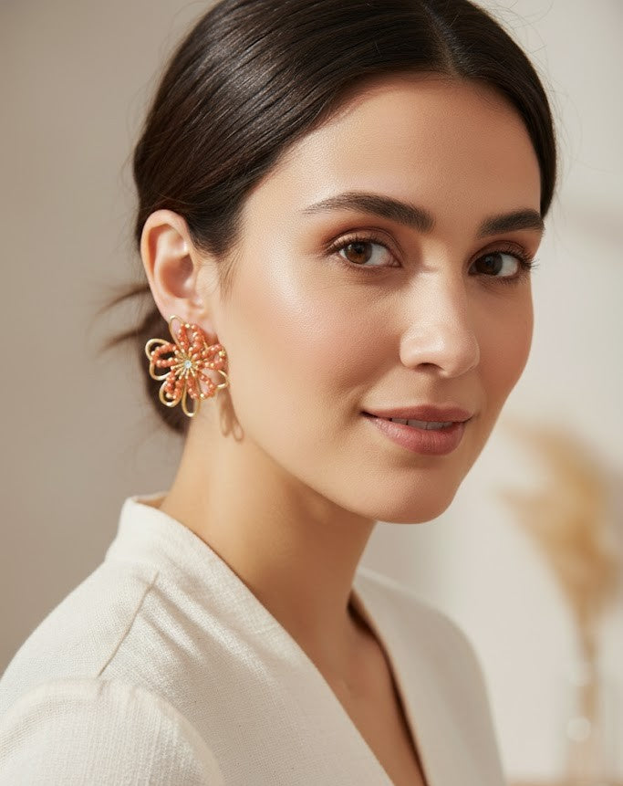 Damen Ohrstecker Edelstahl – Blüten mit Strass in Rot & Gold