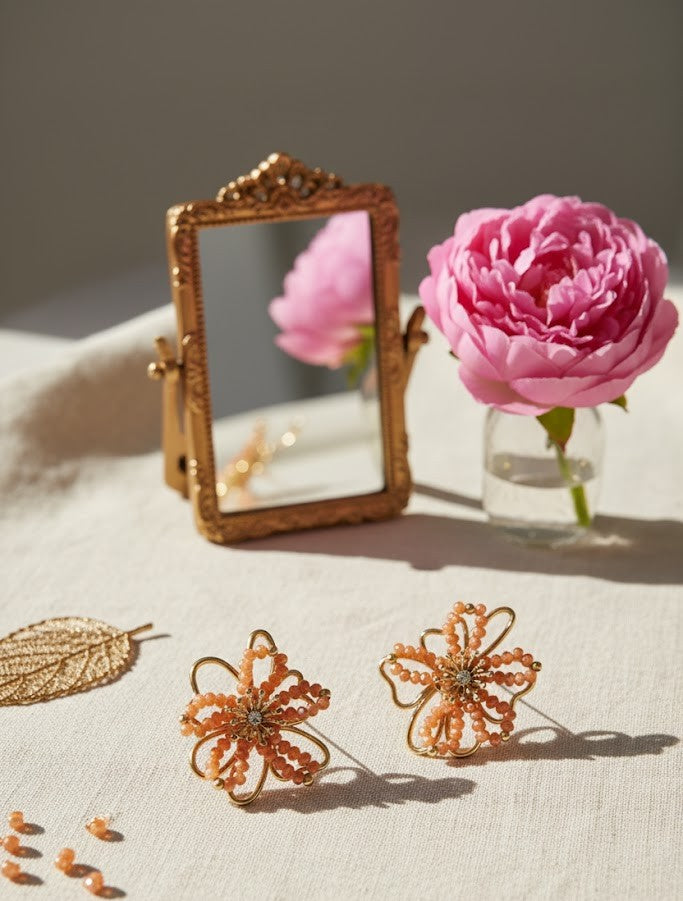Damen Ohrstecker Edelstahl – Blüten mit Strass in Rot & Gold