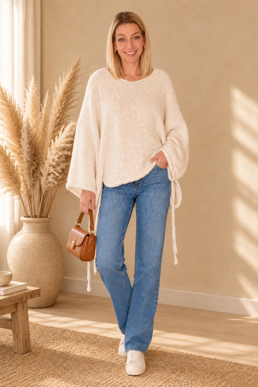 Model trägt einen cremeweißen Oversized-Pullover mit weiten Ärmeln und seitlichen Bändern zu blauer Jeans, hellen Sneakern und cognacfarbener Tasche.