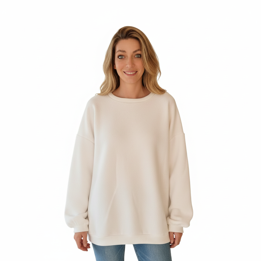 Oversize Sweatshirt Damen weiß – Frontansicht, weißer Hintergrund, Rundhals, GMC Produktbild