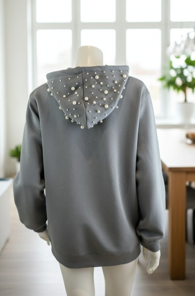 Damen Perlen-Hoodie Grau – Schick & Gemütlich für Herbst & Winter