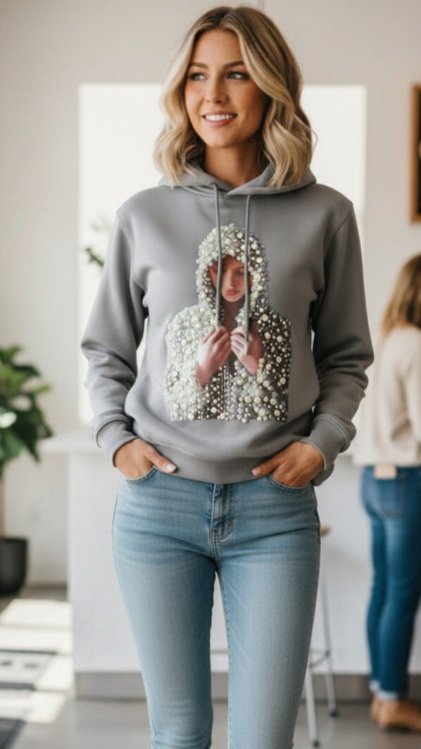 Damen Perlen-Hoodie Grau – Schick & Gemütlich für Herbst & Winter