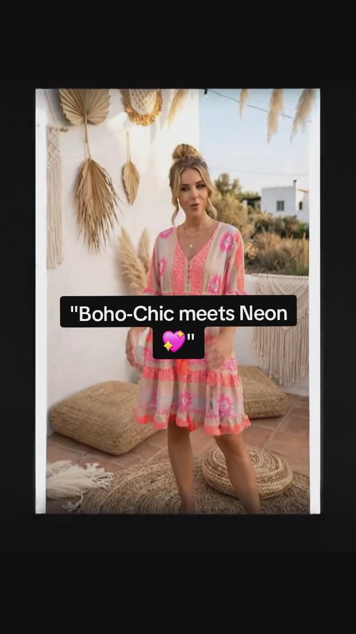 Boho Minikleid | Ethno Print | Pink Orange Beige