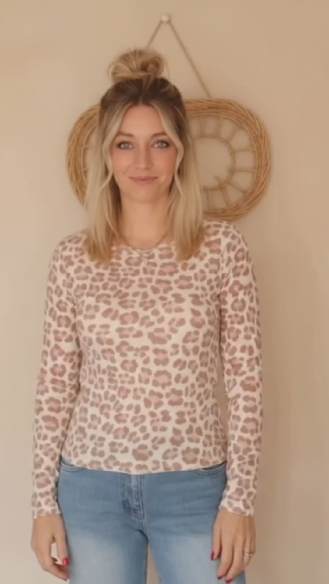 Damen Langarmshirt Pink & Braun mit Leo-Print – Größe S