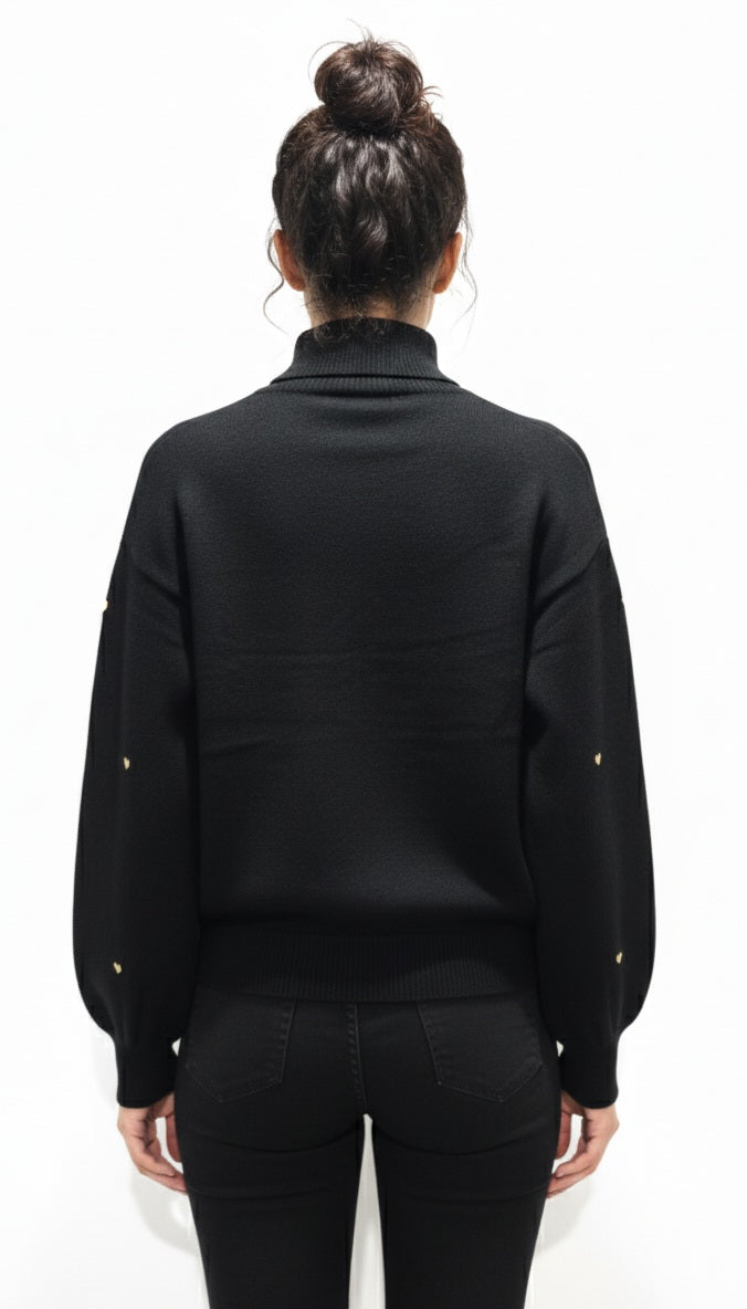 Damen Pullover Schwarz – Romantisch mit Gold-Herzen für Herbst & Winter