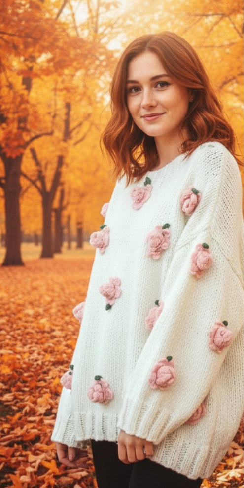 Tricots, femme, roses, 3D, romantiques, chauds, automne, hiver, roses, blancs