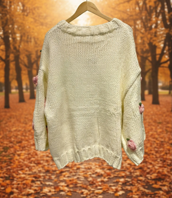 Damen Strickpullover mit 3D-Rosen – Romantisch & Warm in Rosa & Weiß