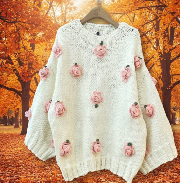 Tricots, femme, roses, 3D, romantiques, chauds, automne, hiver, roses, blancs