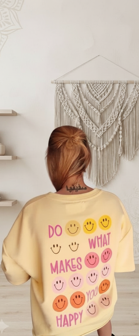 Happy Oversized Shirt Gelb – Rückenansicht – Do What Makes You Happy Smiley Print