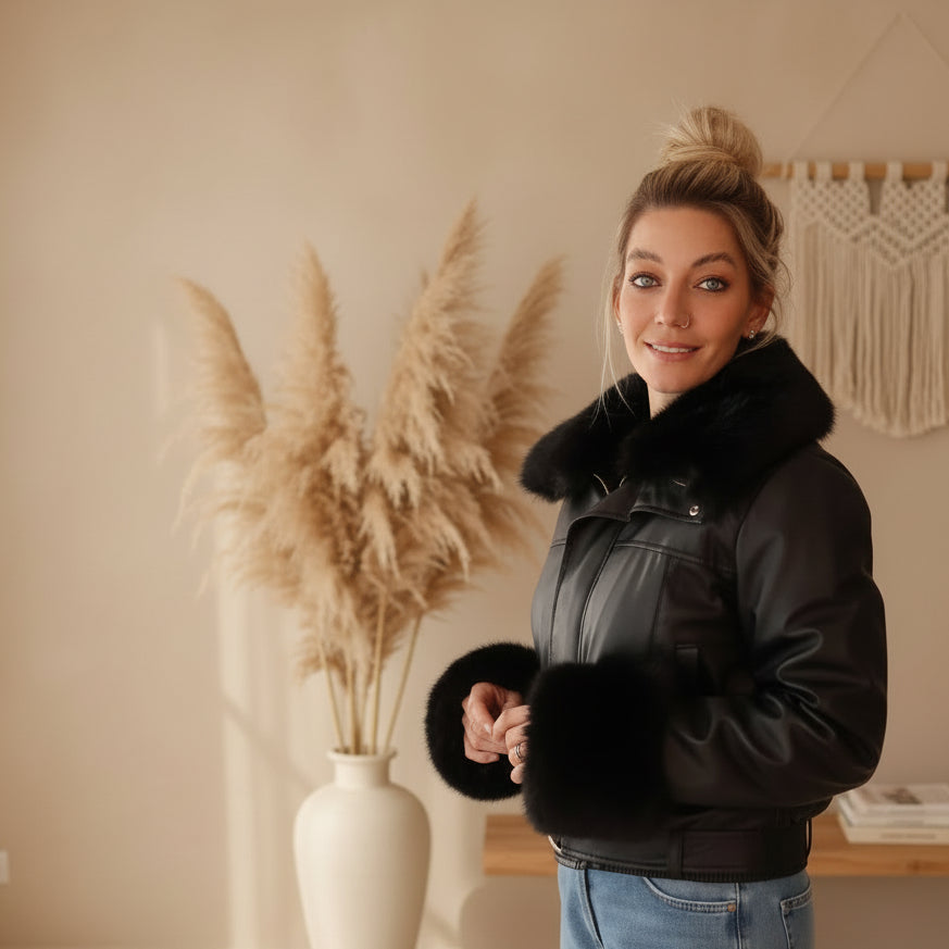Cropped Jacke Damen schwarz in Lederoptik mit abnehmbarem Webpelz, 70er-Jahre-Glamour für Herbst und Winter
